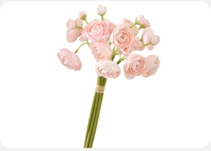 Close-up of pink artificial Ranunculus bouquet with blooming buds on white background