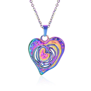 Macro detail of rainbow gradient heart pendant with hollow filigree on O-chain necklace
