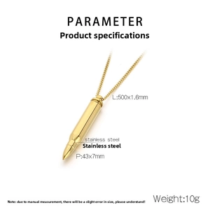 Detailed view of golden bullet pendant with stainless steel chain and dimensions