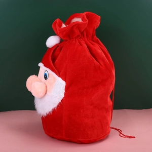 Premium red velvet Santa Claus drawstring gift bag with 3D applique for Christmas decor