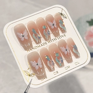 Sweet Pink Gradient Press On Nails With 3D Butterfly And Rhinestones Handmade French Style Fake Nails For Women