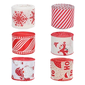 6-pack Christmas ribbon rolls with red white and beige festive snowflake and snowman patterns