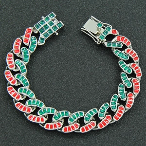 Men's colorful Cuban link necklace in silver finish with red and green enamel links