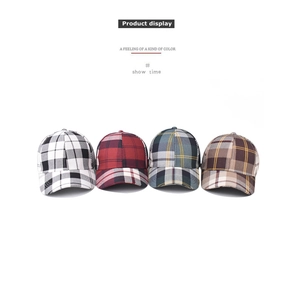 Detail view of thickened houndstooth baseball caps in various plaid color patterns