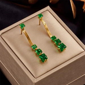 Square Zirconia Drop Earrings 18K Gold Plated Stainless Steel Snake Bone Chain Geometric Retro Style For Women