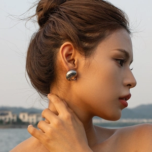 French style silver stainless steel hollow hoop earrings with polished mirror finish for women