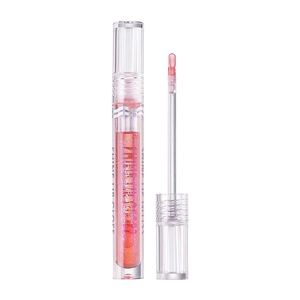 Pink shimmering liquid lip gloss with moisturizing mirror finish in a clear tube