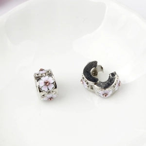 Detail of silver cherry blossom charm clips with pink enamel and sparkling crystals