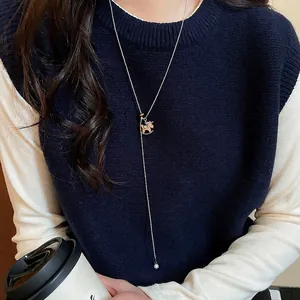 Rocking Horse Pendant Long Y-Necklace Tiger Eye Stone Imitation Artificial Pearl Vintage Elegant Sweater Chain Jewelry Women