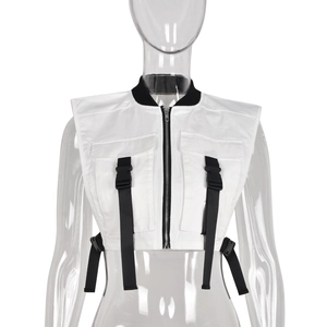 Detail of white utility vest with black ribbed collar and adjustable buckle straps