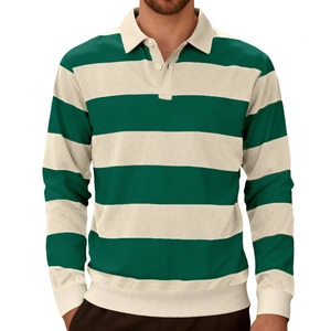 Polo à manches longues pour hommes avec rayures vert et beige et col boutonné élégant