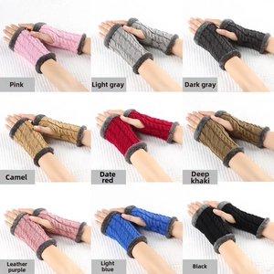 Detail showing cable knit fingerless gloves in nine colors with faux fur trim and soft texture
