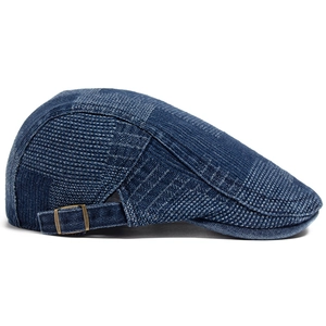 Classic dark blue washed denim beret cap with adjustable vintage bronze side metal buckle