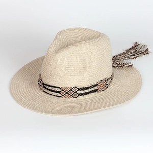 Women Straw Fedora Hat Summer Beach Sun Protection Bohemian Band Tassel Vacation Breathable Wide Brim Accessory