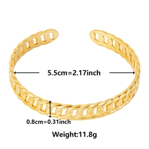 Detail shot of 18k gold plated stainless steel cuff showing 5.5cm diameter measurements