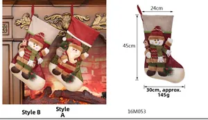 Detailed dimensions of 45cm Christmas stockings with 3D snowman and Santa Claus patterns