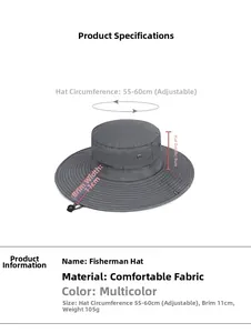 Detail of grey mesh sun hat showing adjustable size 55-60cm and 11cm wide brim dimensions