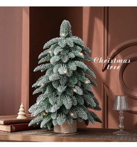 55cm mini PE flocked Christmas tree with snow effect and warm LED lights on wood base