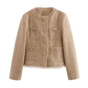 Women's camel tweed jacket with fringe trim and gold buttons on a white background