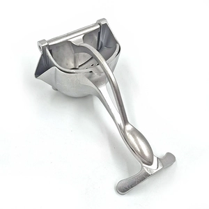 Manual stainless steel lemon squeezer with polished metallic finish on a white background