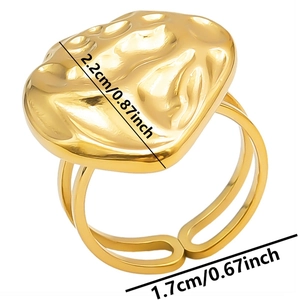Detailed dimensions of gold geometric open ring with double-band design on white background