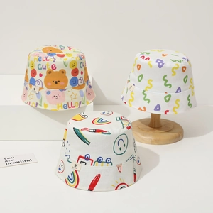 Baby Bucket Hat Cotton Sun Protection Outdoor Colorful Graffiti Cartoon Bear For Toddler Kids Breathable Fisherman Cap