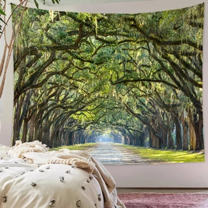 Detail of forest tapestry with oak tree road pattern for cozy bedroom wall decoration