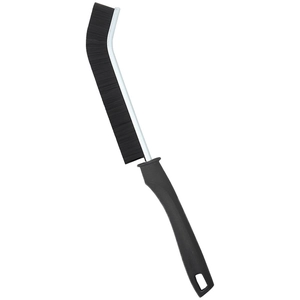 Ergonomic black grout cleaning brush with stiff bristles and a metal handle for gap scrubbing