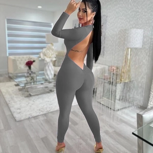 Sexy grauer langärmeliger rückenfreier Body-Jumpsuit mit tiefem V-Ausschnitt und Slim Fit