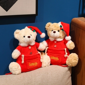 Set of two plush Christmas teddy bears in red Merry Christmas outfits with Santa hats