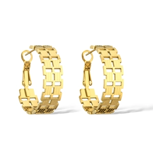Detailed view of gold geometric lattice hoop earrings with polished hollow square pattern