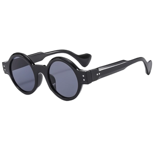 Classic black round punk sunglasses with thick frames and wave-shaped temple design