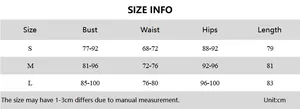 Size chart for women sleeveless bodycon dress including bust, waist, hips, and length details