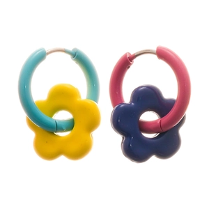 Asymmetric floral hoop earrings in bright dopamine colors with blue and pink flower pendants