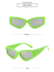 Y2K neon green cat-eye sunglasses with silver star decoration and mirrored lenses