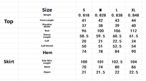 Detailed size guide for mesh sequin embroidered long sleeve top and maxi skirt set
