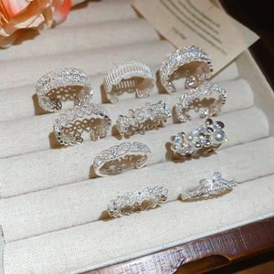 Elegant Lace Hollow Copper Rings For Women With Zircon And Simulated Artificial Pearl Flower Bowknot Adjustable Open Design Accessory