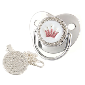 Silver crown baby pacifier with pink rhinestones and matching crystal-encrusted clip set