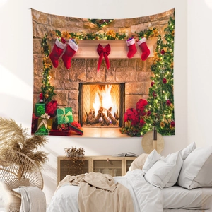 Detail of Christmas tapestry featuring a cozy fireplace and decorated holiday tree scene