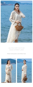 Detail showing handmade wooden bead beach bag in brown and cream for bohemian vacation style