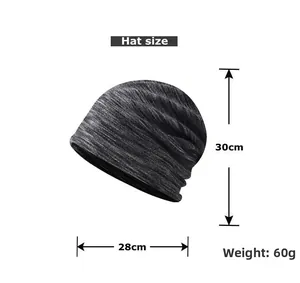Detailed size chart of a dark grey knit beanie showing dimensions 30cm by 28cm and 60g weight