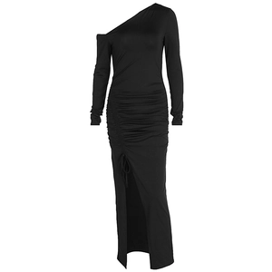 Elegant black off-shoulder maxi dress with long sleeves, ruching, and high side slit detail