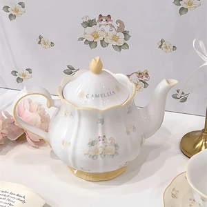 French vintage ceramic teapot with camellia and cat patterns for afternoon tea