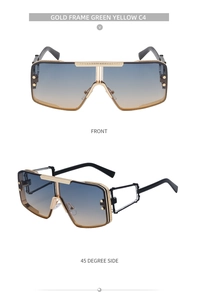 Front and side view of gold frame futuristic punk sunglasses with gradient lenses