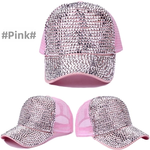 Three-way view of a pink mesh baseball cap with sparkling silver rhinestone embellishments