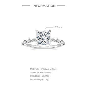 Detail of 925 sterling silver ring with 7x7mm princess cut diamond and S925 hallmark