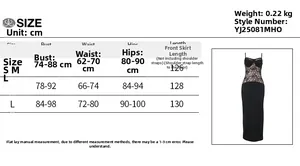 Detailed size chart for lace bodycon backless party dress with S M L measurements in cm