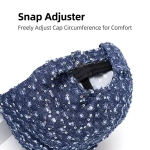 Navy denim baseball cap with silver sequins and adjustable buckle strap closure