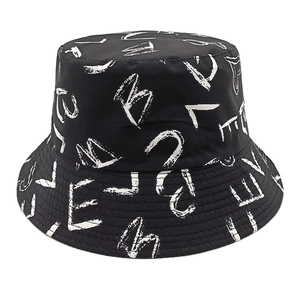 Detail of black bucket hat with white graffiti love letter print and quilted brim stitches