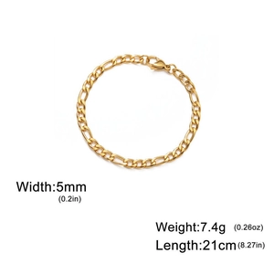 Detail view of 5mm gold plated Figaro chain bracelet with size and weight parameters